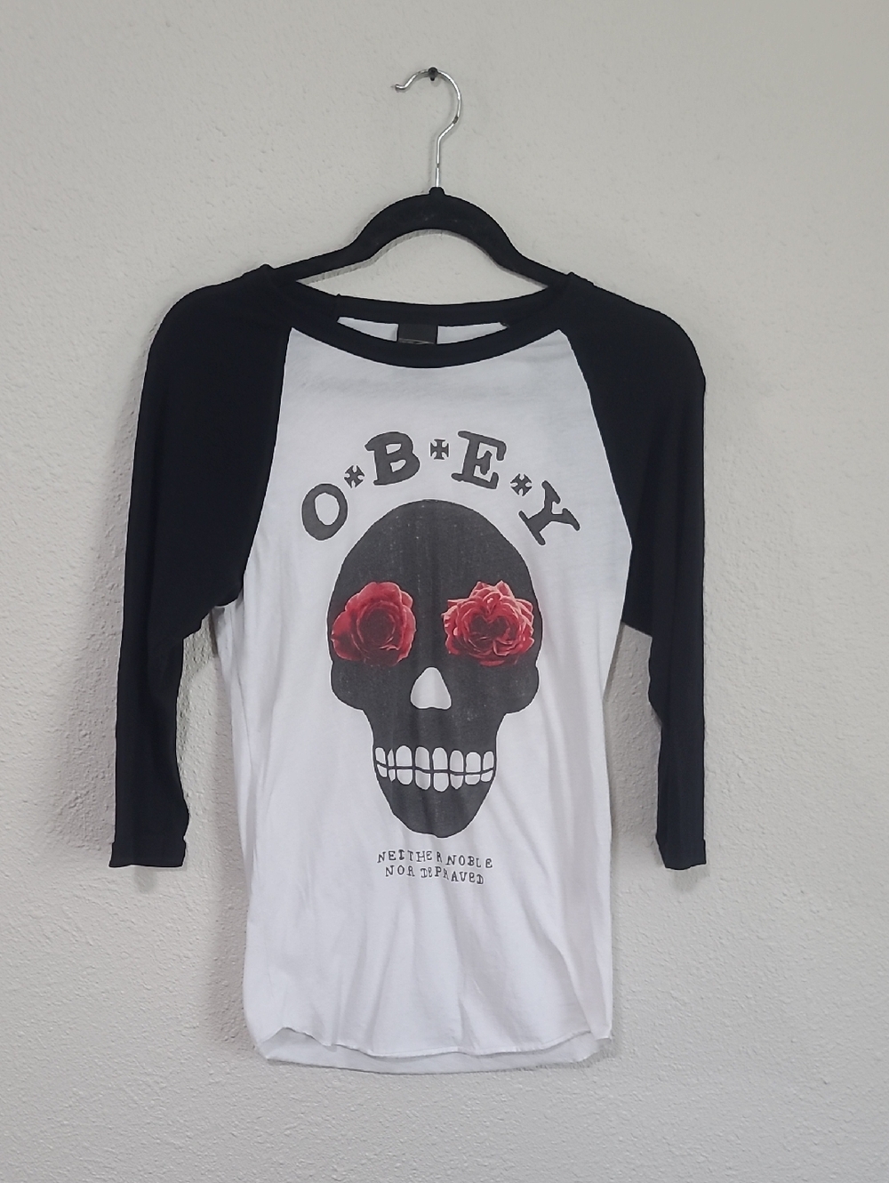 Obey Black & White Raglan Tee with Red Rose Skull